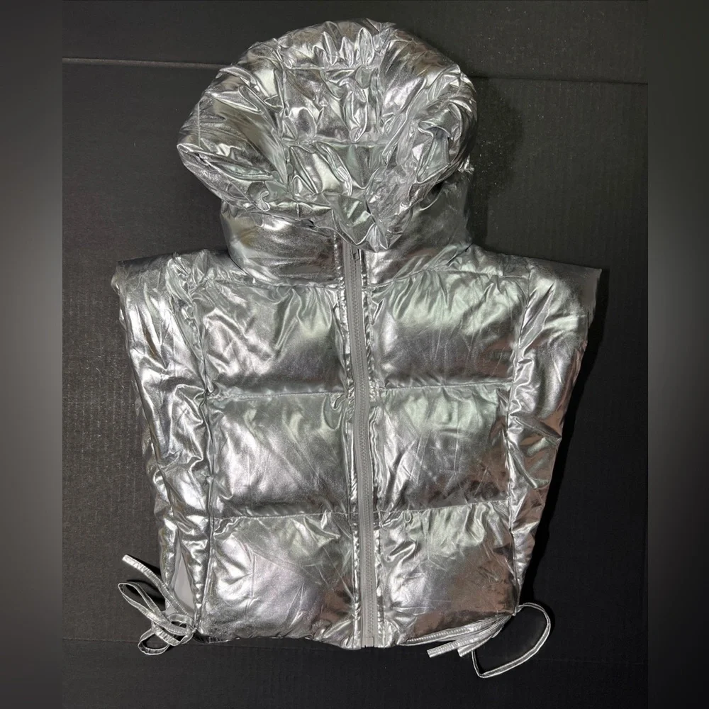 Half Heart Silver Metallic Shiny Vest Skirt Set Padded Qulited Puffer Womens S - Picture 9 of 15